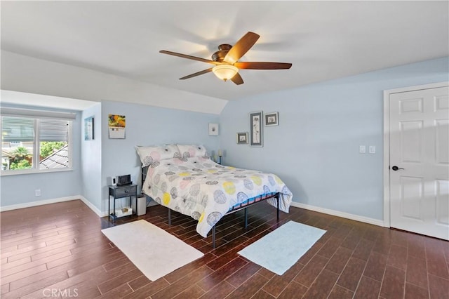 1879 N Nordic Pl, Orange, CA 92865 - bedroom with baseboards, wood finished floors, vaulted ceiling, and ceiling fan