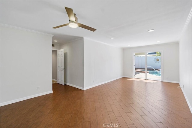 1879 N Nordic Pl, Orange, CA 92865 - empty room with a ceiling fan, crown molding, wood finished floors, baseboards, and recessed lighting
