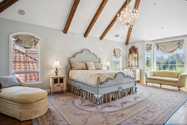 16056 Avenida Calma, Rancho Santa Fe, CA 92091 - bedroom featuring a chandelier, beamed ceiling, and high vaulted ceiling