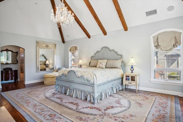 16056 Avenida Calma, Rancho Santa Fe, CA 92091 - bedroom featuring arched walkways, wood finished floors, beamed ceiling, and high vaulted ceiling