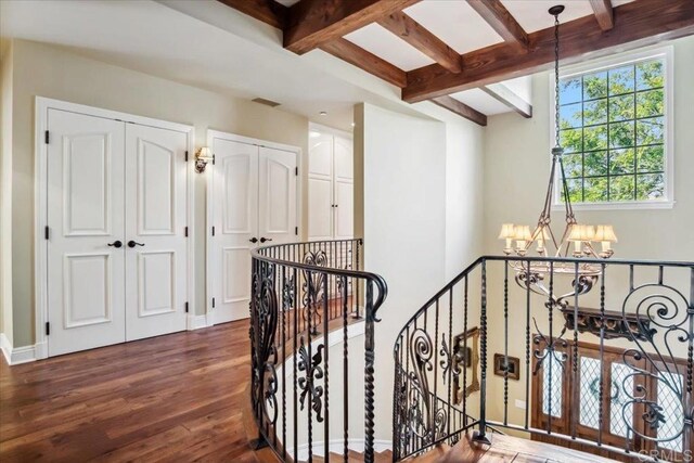 16056 Avenida Calma, Rancho Santa Fe, CA 92091 - hallway with a chandelier, an upstairs landing, dark wood-style floors, beamed ceiling, and coffered ceiling