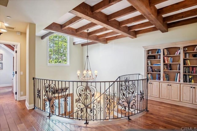 16056 Avenida Calma, Rancho Santa Fe, CA 92091 - corridor with a chandelier, hardwood / wood-style flooring, beamed ceiling, and an upstairs landing