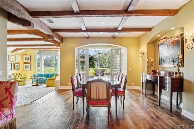 16056 Avenida Calma, Rancho Santa Fe, CA 92091 - dining room featuring wood finished floors, beamed ceiling, and recessed lighting