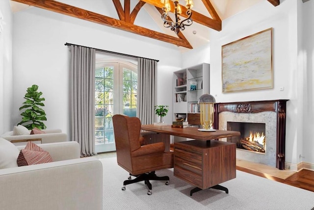 16056 Avenida Calma, Rancho Santa Fe, CA 92091 - home office with a chandelier, high vaulted ceiling, a fireplace, and french doors