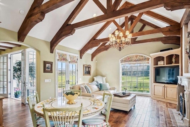 16056 Avenida Calma, Rancho Santa Fe, CA 92091 - living room featuring french doors, beam ceiling, a chandelier, dark wood-type flooring, and high vaulted ceiling