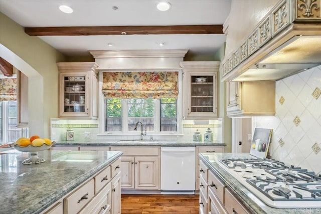 16056 Avenida Calma, Rancho Santa Fe, CA 92091 - kitchen with white appliances, beam ceiling, decorative backsplash, plenty of natural light, and recessed lighting