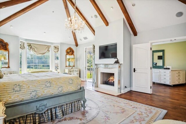 16056 Avenida Calma, Rancho Santa Fe, CA 92091 - bedroom with access to outside, a chandelier, wood finished floors, and a high end fireplace
