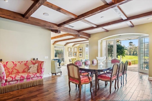 16056 Avenida Calma, Rancho Santa Fe, CA 92091 - dining space with beamed ceiling, coffered ceiling, wood finished floors, and arched walkways