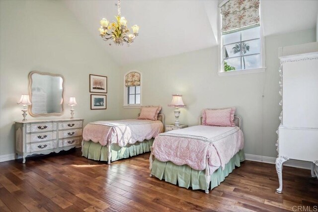 16056 Avenida Calma, Rancho Santa Fe, CA 92091 - bedroom with a chandelier, multiple windows, hardwood / wood-style floors, and high vaulted ceiling