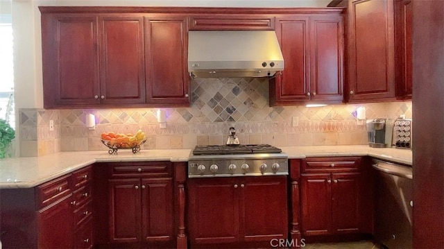 2520 Cornerstone Ln, Costa Mesa, CA 92626 - kitchen featuring ventilation hood, stainless steel appliances, dark brown cabinets, and light countertops