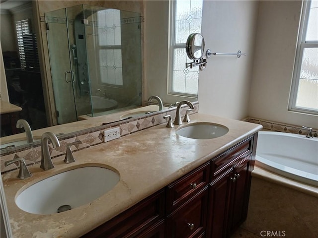 2520 Cornerstone Ln, Costa Mesa, CA 92626 - full bath with a garden tub, double vanity, a stall shower, and tile patterned floors