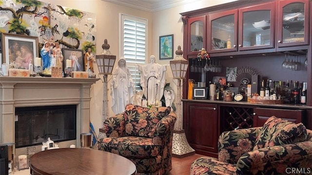 2520 Cornerstone Ln, Costa Mesa, CA 92626 - indoor dry bar with ornamental molding, wood finished floors, and a glass covered fireplace
