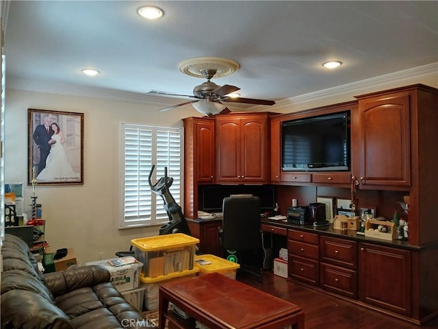 2520 Cornerstone Ln, Costa Mesa, CA 92626 - office area featuring a ceiling fan, crown molding, built in desk, dark wood-type flooring, and recessed lighting