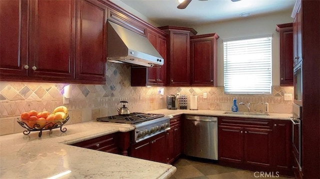 2520 Cornerstone Ln, Costa Mesa, CA 92626 - kitchen with wall chimney range hood, appliances with stainless steel finishes, a sink, decorative backsplash, and dark brown cabinets