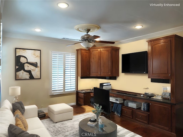 2520 Cornerstone Ln, Costa Mesa, CA 92626 - living room featuring ceiling fan, an office area, crown molding, wood finished floors, and recessed lighting