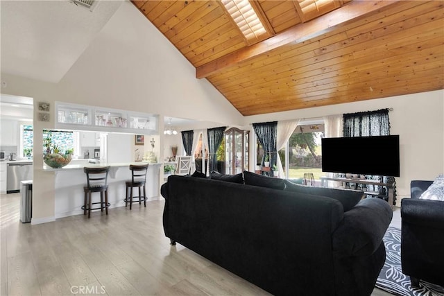 18060 Pebble Beach Dr, Victorville, CA 92395 - living area with high vaulted ceiling, light wood-style floors, plenty of natural light, wood ceiling, and beamed ceiling