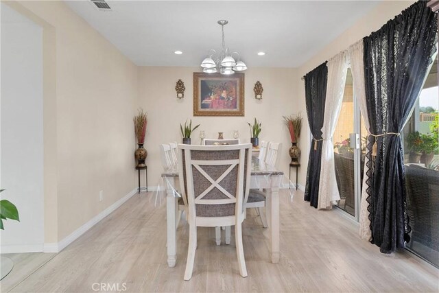 18060 Pebble Beach Dr, Victorville, CA 92395 - dining space featuring a chandelier, light wood-type flooring, baseboards, and recessed lighting