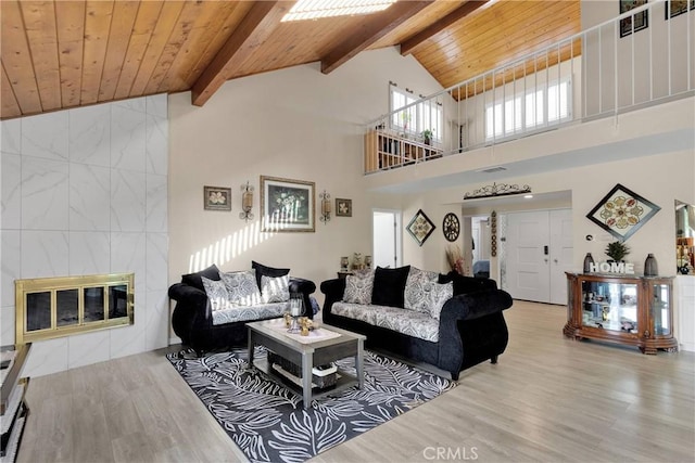 18060 Pebble Beach Dr, Victorville, CA 92395 - living area with wood finished floors, wooden ceiling, beamed ceiling, and high vaulted ceiling