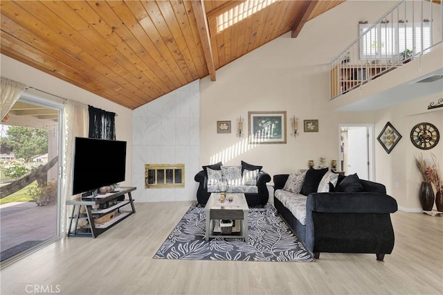 18060 Pebble Beach Dr, Victorville, CA 92395 - living room with wood finished floors, wood ceiling, high vaulted ceiling, beamed ceiling, and baseboards