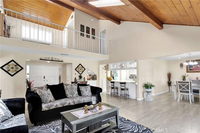 18060 Pebble Beach Dr, Victorville, CA 92395 - living area featuring wood finished floors, wood ceiling, beam ceiling, high vaulted ceiling, and baseboards