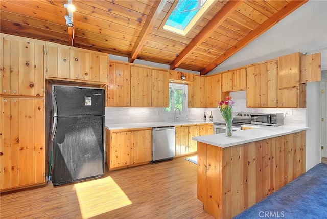 771 Woodland Rd, Crestline, CA 92325 - kitchen with stainless steel appliances, light brown cabinets, decorative backsplash, a peninsula, and wooden ceiling