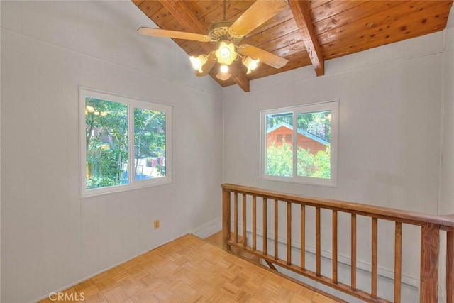 771 Woodland Rd, Crestline, CA 92325 - spare room with wood ceiling with exposed beams and ceiling fan