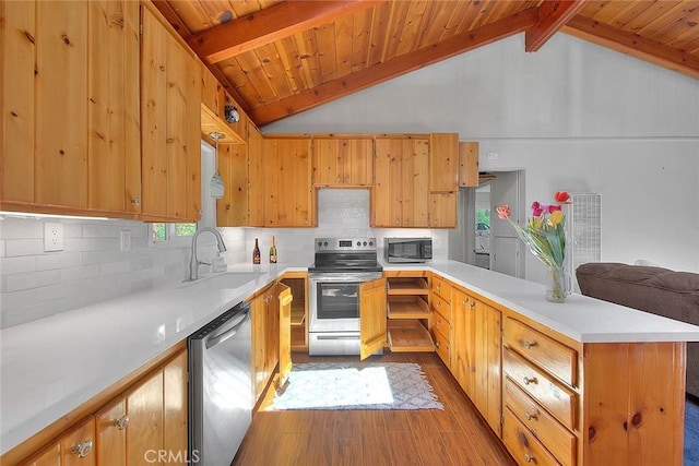 771 Woodland Rd, Crestline, CA 92325 - kitchen featuring stainless steel appliances, dark wood finished floors, a peninsula, a sink, and light countertops