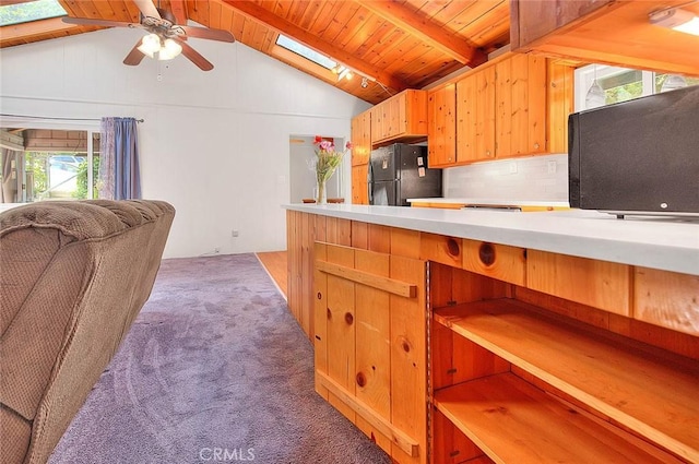771 Woodland Rd, Crestline, CA 92325 - kitchen with freestanding refrigerator, light countertops, wooden ceiling, light carpet, and ceiling fan