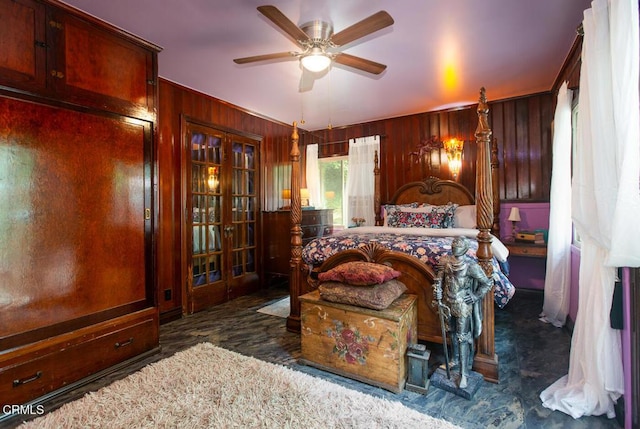 11 N San Gabriel Canyon Rd, Azusa, CA 91702 - bedroom featuring wooden walls, french doors, and ceiling fan