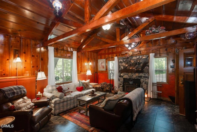 11 N San Gabriel Canyon Rd, Azusa, CA 91702 - living area featuring wooden walls, wooden ceiling, dark tile patterned flooring, and a stone fireplace
