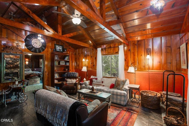11 N San Gabriel Canyon Rd, Azusa, CA 91702 - living area with wooden ceiling, wood walls, and a ceiling fan
