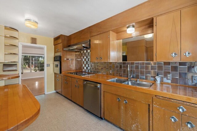 3973 69th St, San Diego, CA 92115 - kitchen with appliances with stainless steel finishes, under cabinet range hood, a sink, light flooring, and decorative backsplash