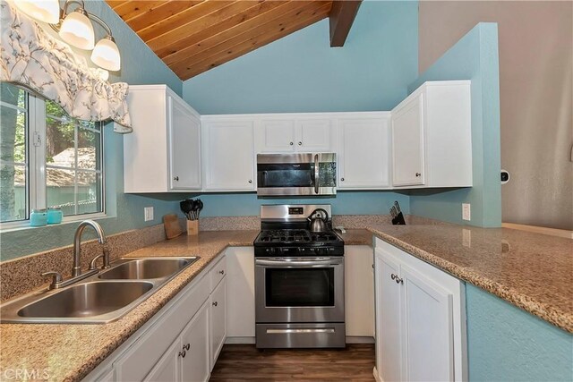 22365 Pine Dr, Cedarpines Park, CA 92322 - kitchen with stainless steel appliances, a sink, lofted ceiling, wood ceiling, and white cabinetry