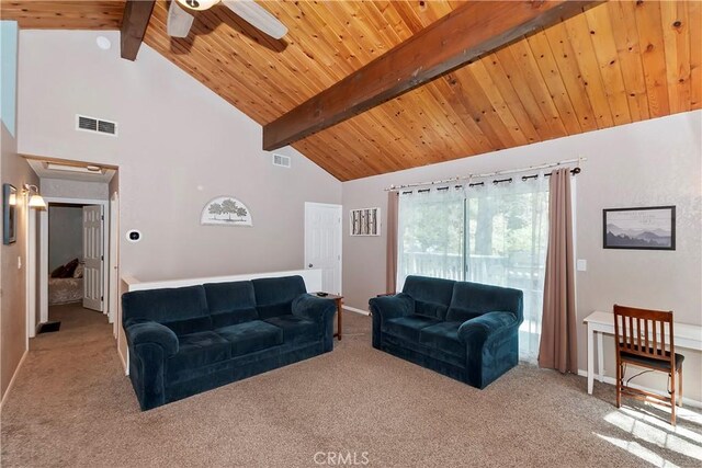 22365 Pine Dr, Cedarpines Park, CA 92322 - carpeted living area featuring beam ceiling, wooden ceiling, a ceiling fan, high vaulted ceiling, and baseboards