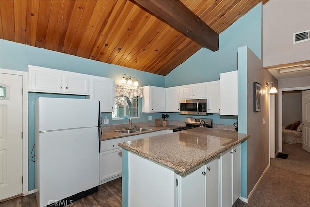 22365 Pine Dr, Cedarpines Park, CA 92322 - kitchen featuring appliances with stainless steel finishes, a sink, white cabinetry, wood ceiling, and a peninsula