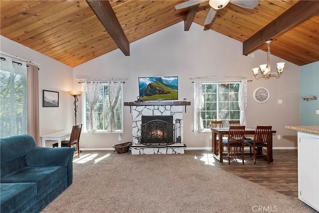 22365 Pine Dr, Cedarpines Park, CA 92322 - living room with baseboards, a stone fireplace, a ceiling fan, wood ceiling, and carpet floors