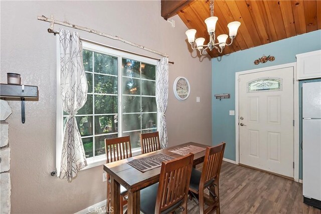 22365 Pine Dr, Cedarpines Park, CA 92322 - dining area featuring a chandelier, wooden ceiling, wood finished floors, and baseboards