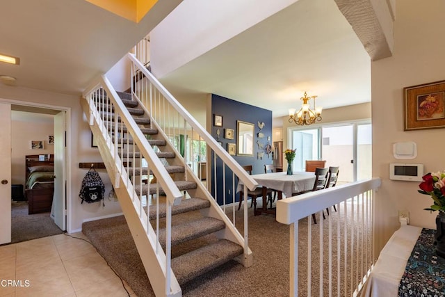 686 Martinique Pl, Newbury Park, CA 91320 - stairway with carpet flooring, a chandelier, tile patterned floors, and baseboards