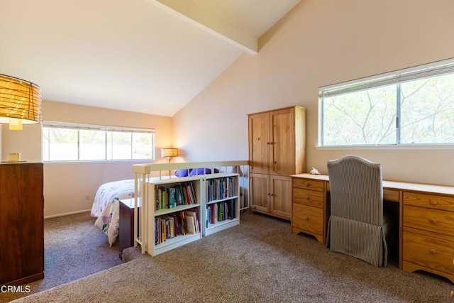 686 Martinique Pl, Newbury Park, CA 91320 - office area featuring carpet floors, high vaulted ceiling, and beam ceiling
