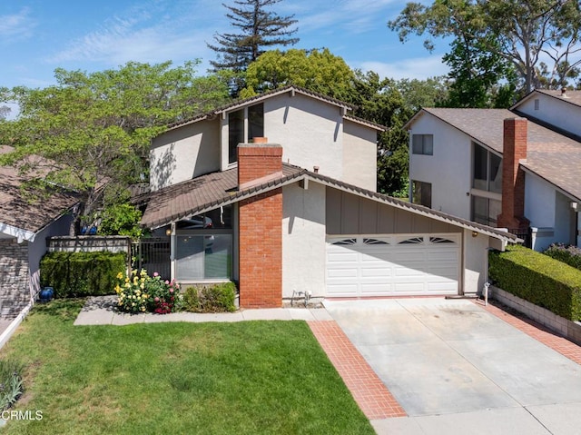 686 Martinique Pl, Newbury Park, CA 91320 - mid-century modern home with concrete driveway, an attached garage, a front lawn, and stucco siding