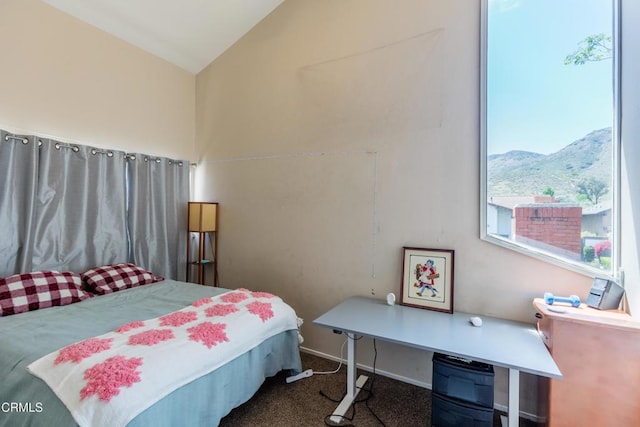 686 Martinique Pl, Newbury Park, CA 91320 - bedroom with carpet floors, vaulted ceiling, a mountain view, and baseboards