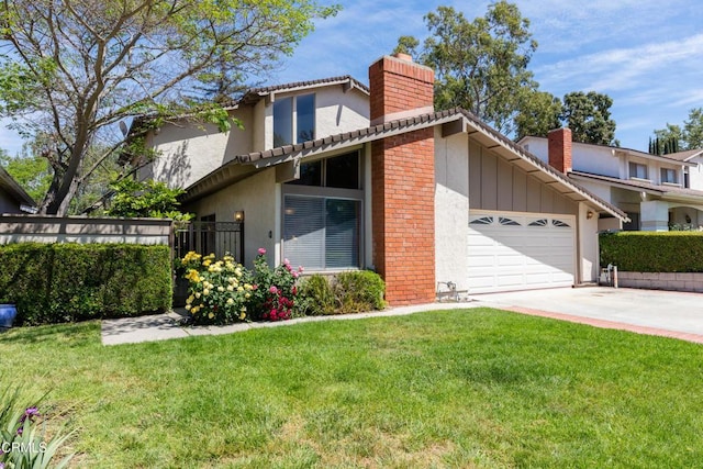 686 Martinique Pl, Newbury Park, CA 91320 - view of front of house with a chimney, concrete driveway, a garage, brick siding, and stucco siding
