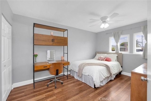 2829 Albury Ave, Long Beach, CA 90815 - bedroom with wood finished floors, baseboards, an office area, and ceiling fan