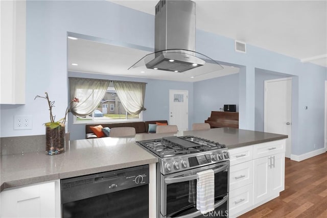 2829 Albury Ave, Long Beach, CA 90815 - kitchen with double oven range, island range hood, white cabinetry, wood finished floors, and dishwasher