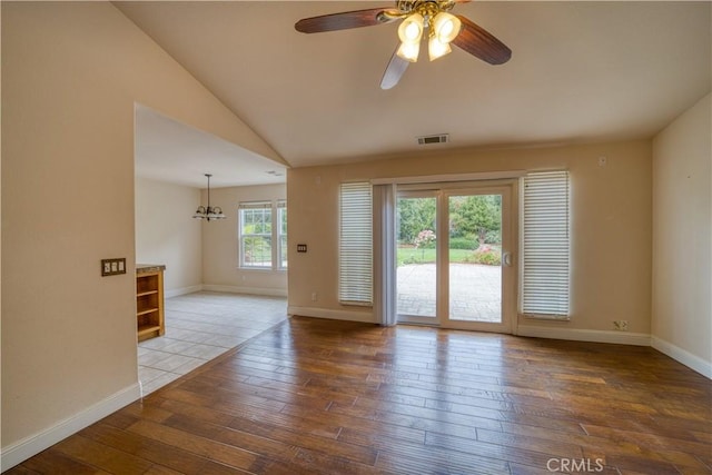 635 Shelter Ridge Pl, Nipomo, CA 93444 - empty room featuring wood-type flooring, a ceiling fan, and vaulted ceiling