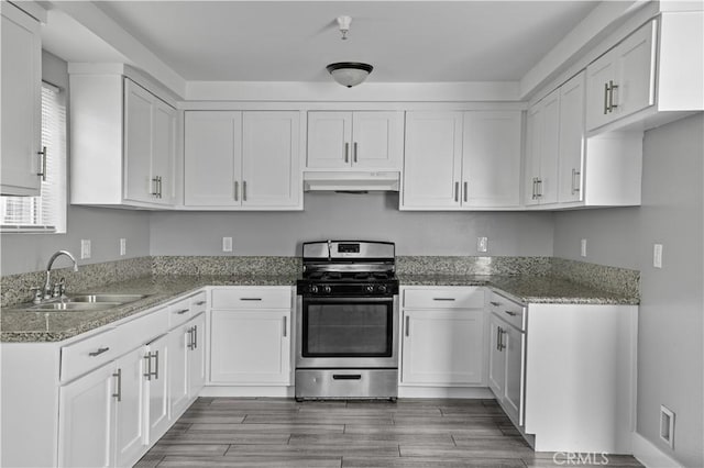 202 E 116th St, Los Angeles, CA 90061 - kitchen with a sink, stainless steel range with gas cooktop, under cabinet range hood, white cabinetry, and light stone counters