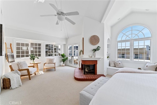 214 Sapphire Ave, Newport Beach, CA 92662 - carpeted bedroom featuring high vaulted ceiling, multiple windows, a brick fireplace, ceiling fan, and baseboards