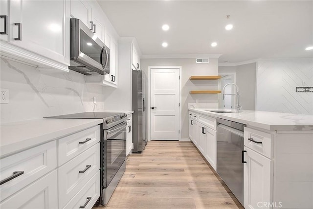 2040 Las Colinas Cir Unit 104, Corona, CA 92879 - kitchen with appliances with stainless steel finishes, a sink, ornamental molding, open shelves, and white cabinets