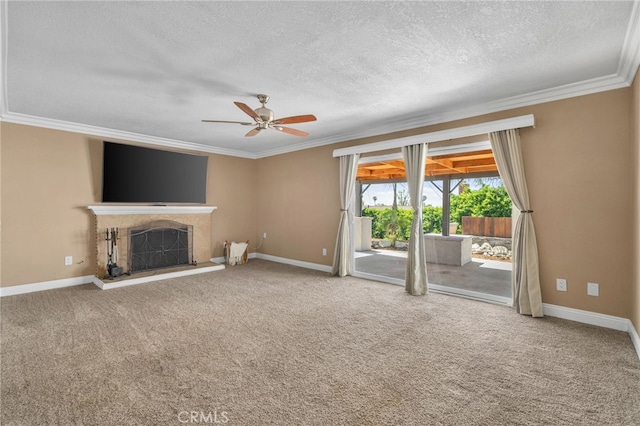 8631 Holly St, Rancho Cucamonga, CA 91701 - unfurnished living room featuring ornamental molding, ceiling fan, a textured ceiling, a fireplace with raised hearth, and carpet