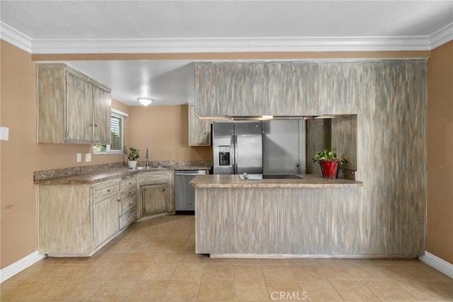 8631 Holly St, Rancho Cucamonga, CA 91701 - kitchen with appliances with stainless steel finishes, a sink, ornamental molding, a peninsula, and light brown cabinetry